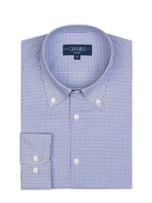 Non Iron Navy Blue Square Patterned Button-down Collar Tailor Fit Journey Checkered Shirt with Germirli - 1
