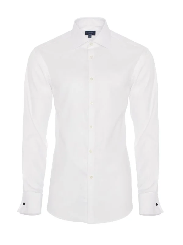 Germirli Non Iron White 120/2 Poplin Classic Collar Double Cuffed Tailor Fit Journey Shirt - 1