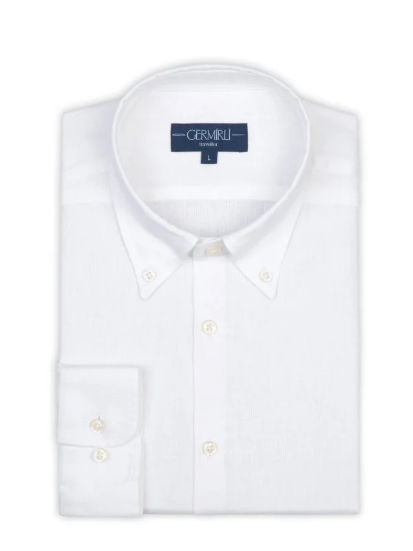 Non Iron White Linen Button-Down Collar Tailor Fit Journey Shirt with Germirli - 2
