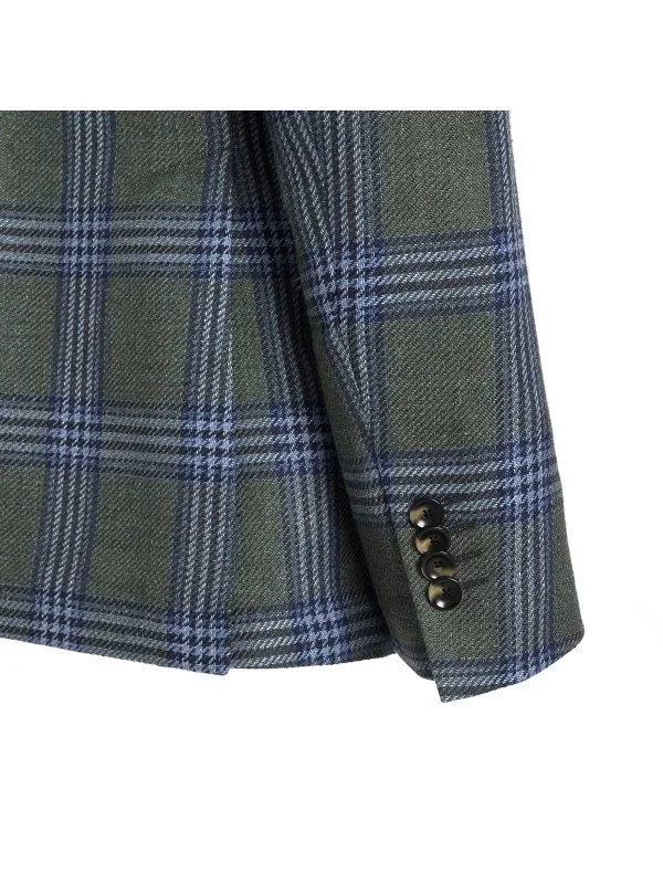 Sartoria Latorre Green Navy Blue Plaid Vitale Barberis Linen Silk Cotton Unlined Jacket - 3