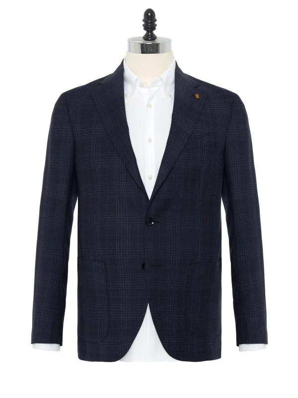 Sartoria Latorre Navy Blue Check Wool Unlined Jacket - 1