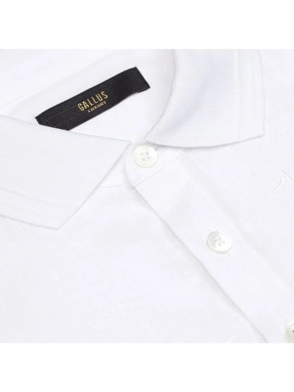 Gallus Beyaz Polo Yaka İşlemeli Merserize Pamuk Keten Regular Fit Tişört - 2