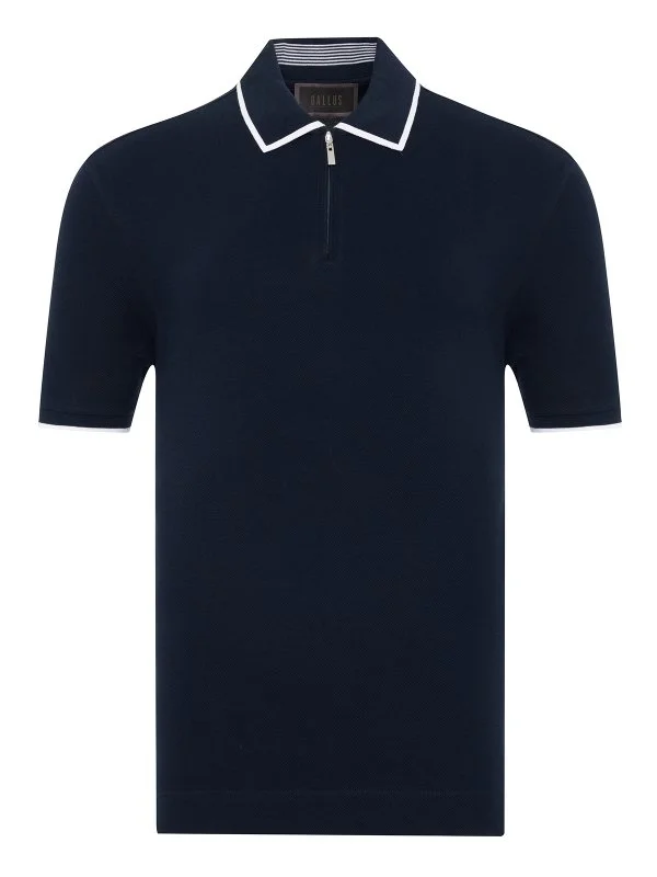 Gallus Lacivert Fermuarlı Polo Yaka Pike Merserize Regular Fit Tişört - 1
