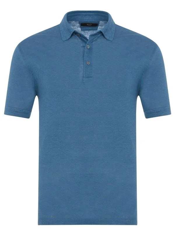 Gallus Mavi Gömlek Yaka Örme Keten Regular Fit Tişört - 1