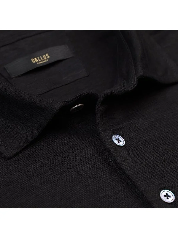 Gallus Siyah Gömlek Yaka Örme Keten Regular Fit Tişört - 2