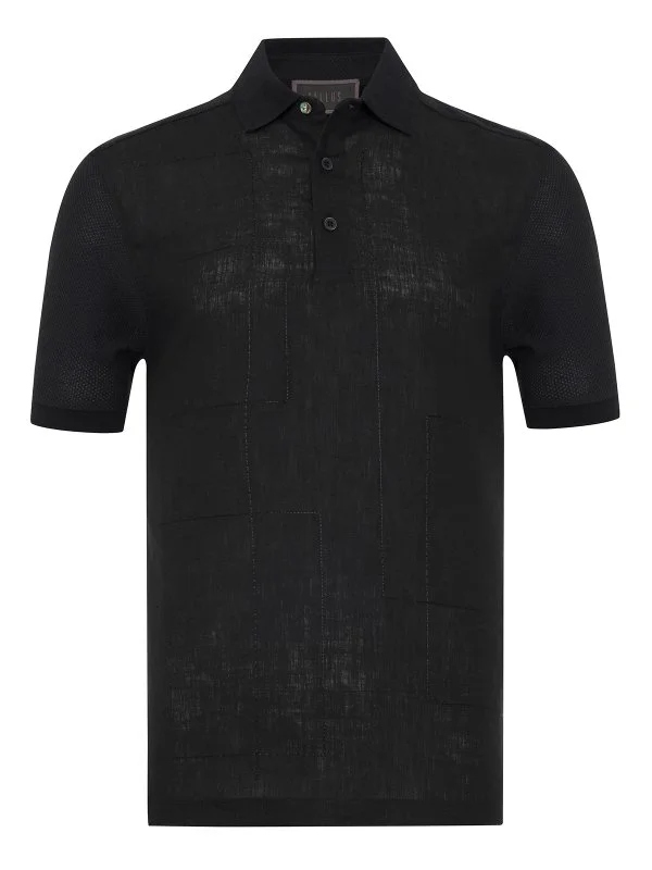 Gallus Siyah Polo Yaka Desenli Regular Fit Pamuk Keten Tişört - 1