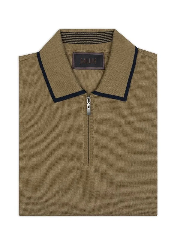Gallus Zeytin Yeşili Fermuarlı Polo Yaka Pike Merserize Regular Fit Tişört - 2