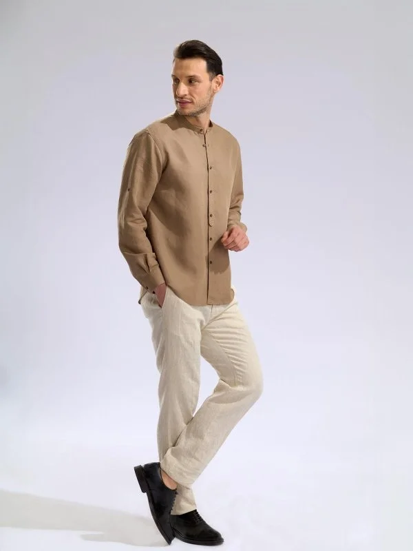 Germirli Açık Kahverengi Tailor Fit Erkek Hakim Yaka Lyocell Keten Gömlek - 4