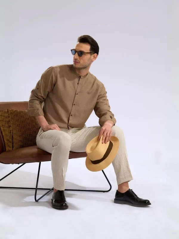 Germirli Açık Kahverengi Tailor Fit Erkek Hakim Yaka Lyocell Keten Gömlek - 5