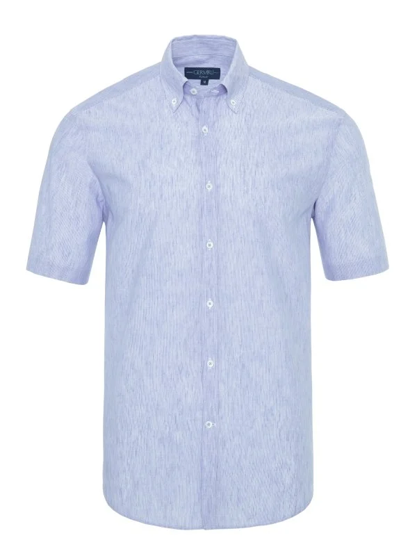 Germirli Açık Mavi Beyaz Çizgili Keten Pamuk Kısa Kollu Düğmeli Yaka Tailor Fit Gömlek - 1