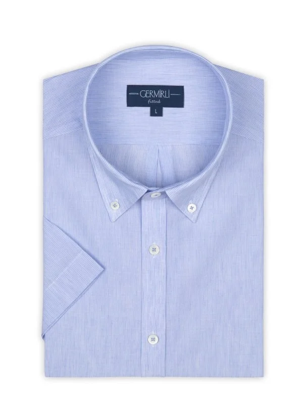 Germirli Açık Mavi Beyaz Çizgili Keten Pamuk Kısa Kollu Düğmeli Yaka Tailor Fit Gömlek - 2