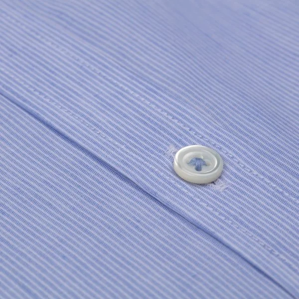 Germirli Açık Mavi Beyaz Çizgili Keten Pamuk Kısa Kollu Düğmeli Yaka Tailor Fit Gömlek - 3