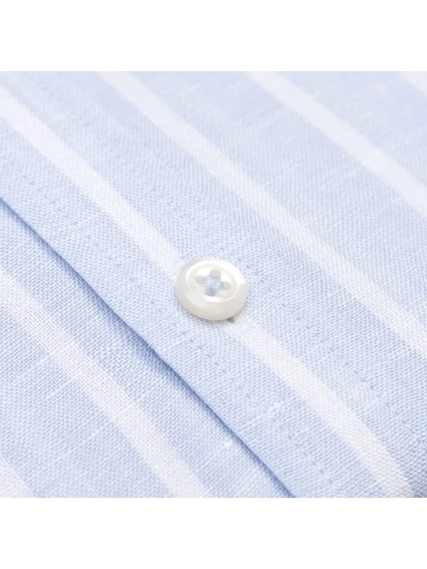 Germirli Açık Mavi Beyaz Kalın Çizgili Düğmeli Yaka Tailor Fit Keten Gömlek - 3