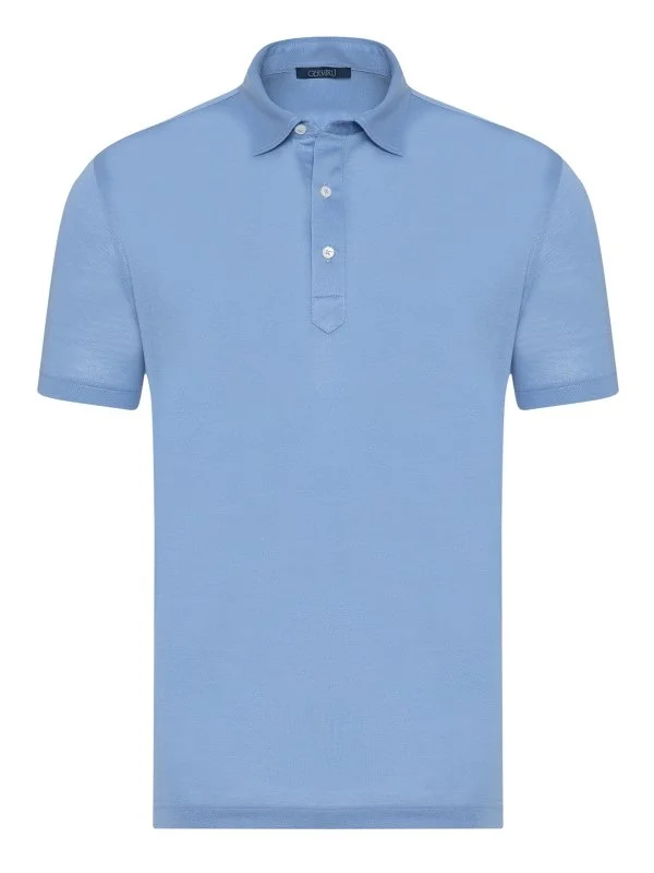 Germirli Açık Mavi Piquet Gömlek Yaka Regular Fit Merserize Tişört - 1