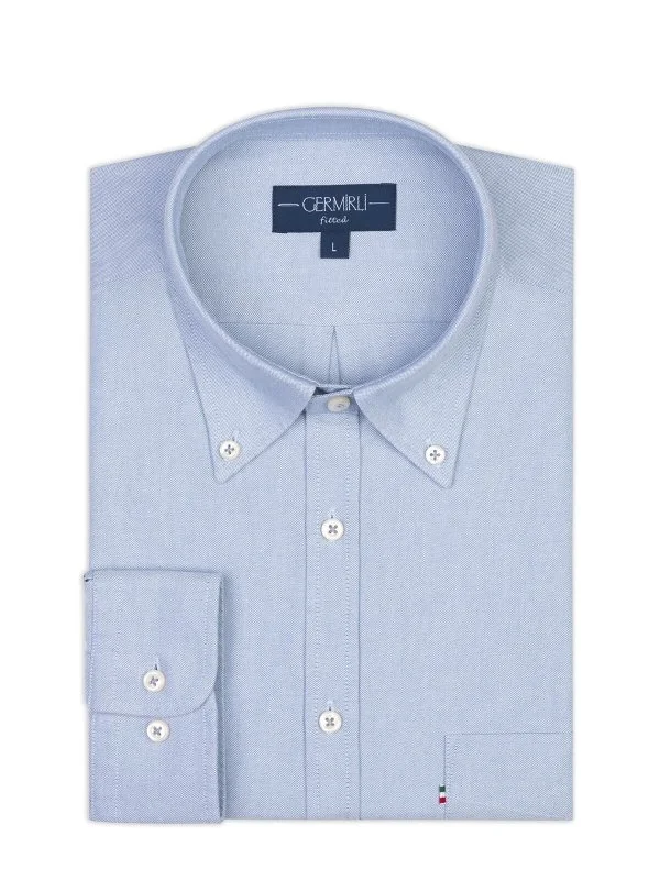 Germirli Açık Mavi Tailor Fit Rahat Kalıp Düğmeli Yaka Spor Oxford Tencel Pamuk Gömlek - 2