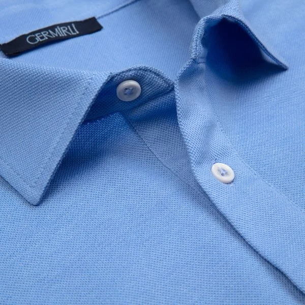 Germirli Açık Piquet Mavi Gömlek Yaka Regular Fit Merserize Tişört - 3