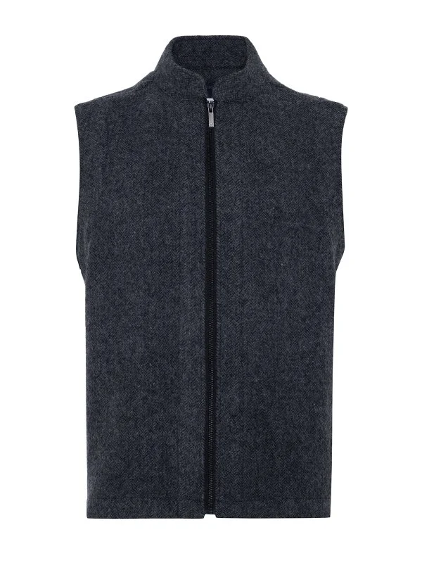 Germirli Albiate Indigo Mavi Balıksırtı Desen Fermuarlı Rahat Kalıp Yünlü Yelek - 1