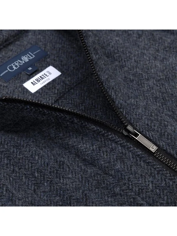 Germirli Albiate Indigo Mavi Balıksırtı Desen Fermuarlı Rahat Kalıp Yünlü Yelek - 2