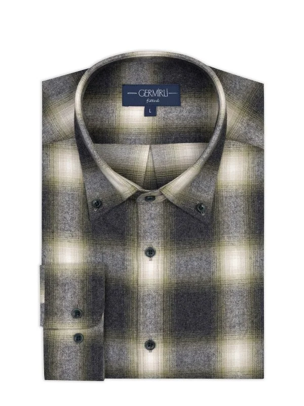 Germirli Albini Antrasit Yeşil Ekoseli Flanel Düğmeli Yaka Tailor Fit Pamuk Oduncu Gömlek - 1