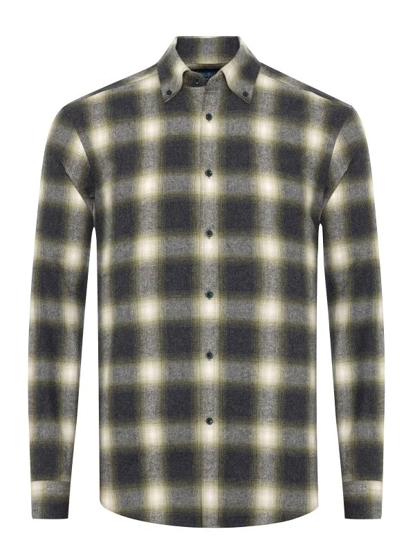 Germirli Albini Antrasit Yeşil Ekoseli Flanel Düğmeli Yaka Tailor Fit Pamuk Oduncu Gömlek - 1