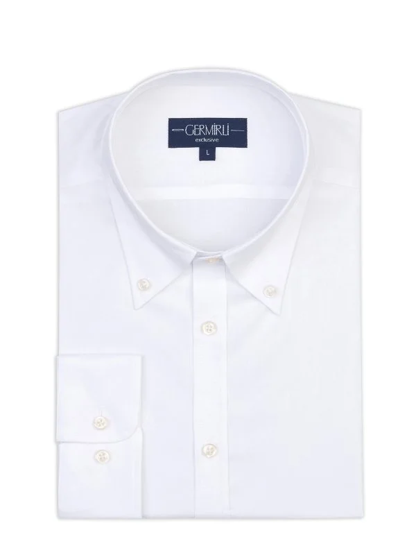 Germirli Albini Beyaz Twill Relax Formula Exclusive Tailor Fit Düğmeli Yaka Pamuk Gömlek - 1