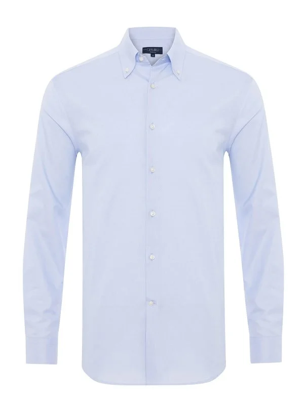 Germirli Albini Doğal Streç Exclusive Mavi Oxford Tailor Fit Düğmeli Yaka Pamuk Gömlek - 1