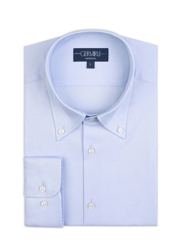 Germirli Albini Doğal Streç Exclusive Mavi Oxford Tailor Fit Düğmeli Yaka Pamuk Gömlek - 2