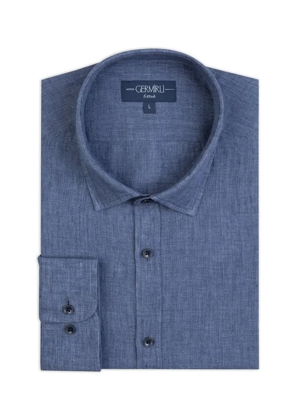Germirli Albini Soft Yaka Tailor Fit Havacı Mavi Delave Keten Gömlek - 2