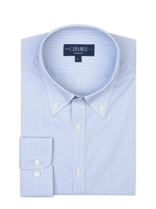 Germirli Albini Exclusive Mavi Pötikareli Piumino 120 Tailor Fit Pamuk Gömlek - 2