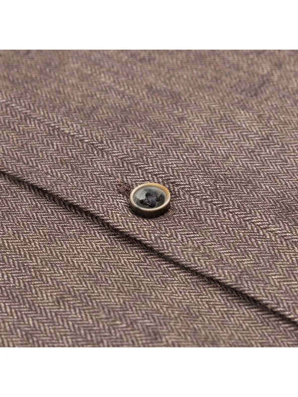 Germirli Albini Kahverengi Balıksırtı Düğmeli Yaka Tailor Fit Keten Yün Gömlek - 3