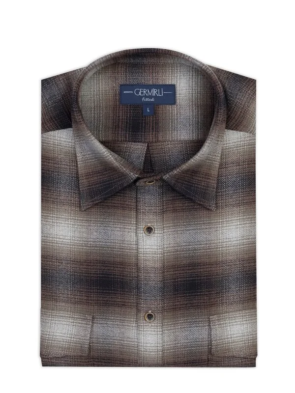 Germirli Albini Kahverengi Gri Ekoseli Flanel Tailor Fit Pamuk Oduncu Gömlek - 1