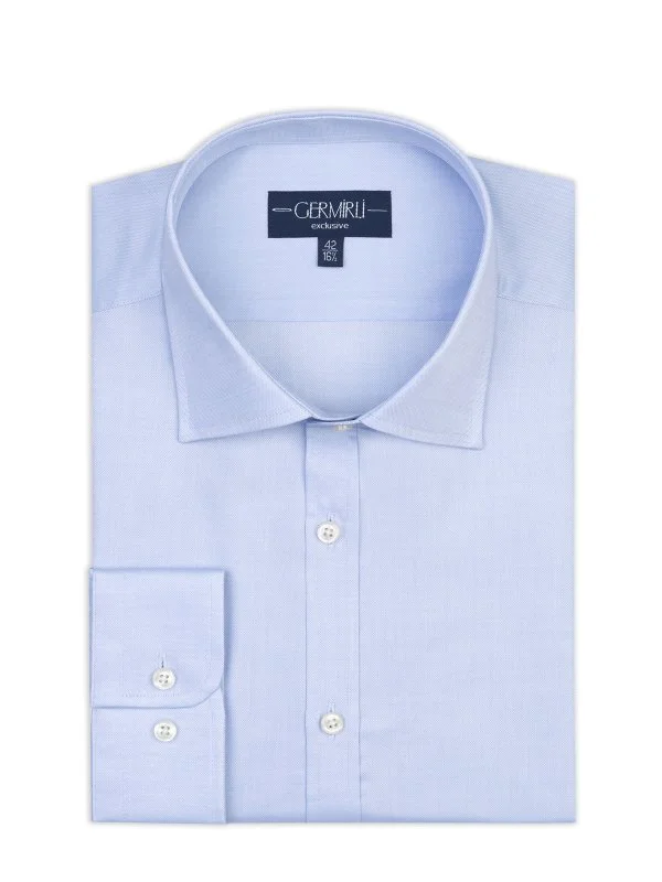 Germirli Albini Mavi Exclusive Piumino Piquet 100 Klasik Yaka Tailor Fit Pamuk Gömlek - 1