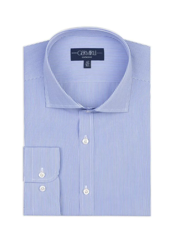 Germirli Albini Mavi İnce Çizgili Exclusive Super Piumino İtalyan Yaka Tailor Fit Pamuk Gömlek - 1