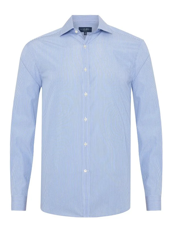 Germirli Albini Mavi İnce Çizgili Exclusive Super Piumino İtalyan Yaka Tailor Fit Pamuk Gömlek - 3