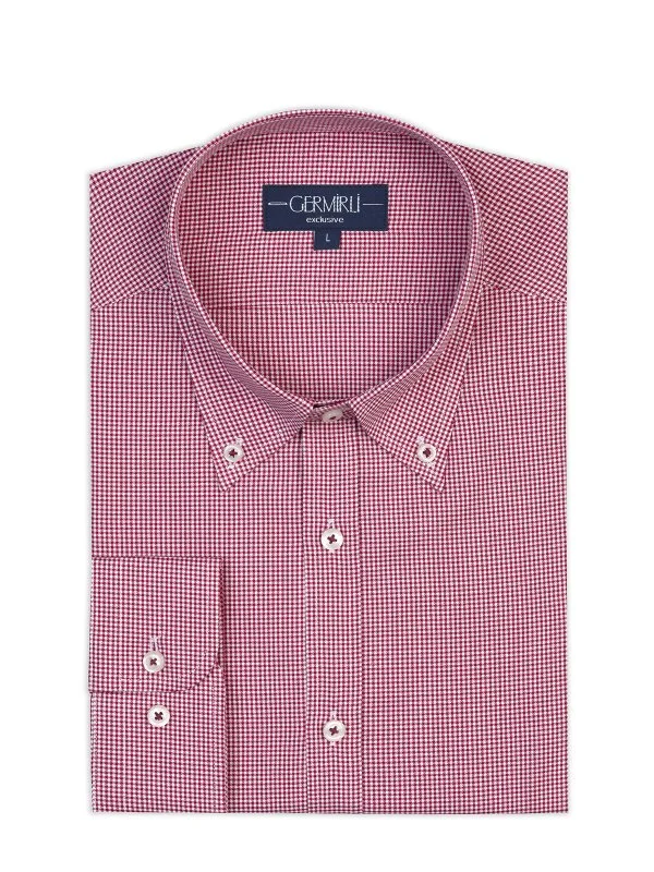 Germirli Albini Relax Formula Bordo Pötikareli Exclusive Tailor Fit Düğmeli Yaka Pamuk Gömlek - 1