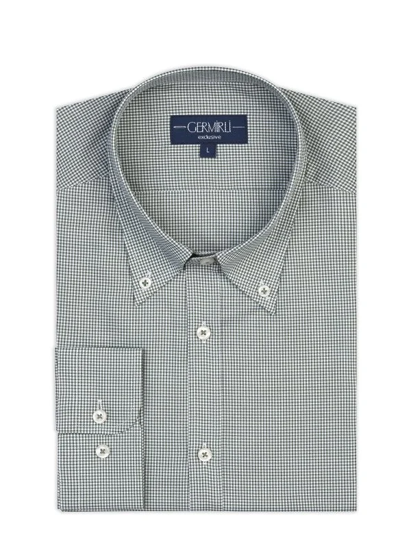 Germirli Albini Relax Formula Yeşil Pötikareli Exclusive Tailor Fit Düğmeli Yaka Pamuk Gömlek - 1