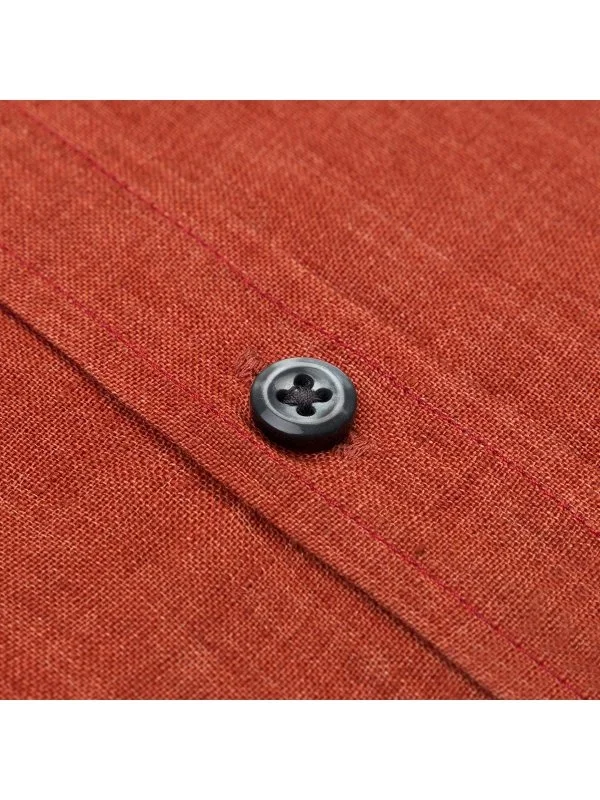Germirli Albini Yanık Portakal Rengi Düğmeli Yaka Tailor Fit Delave Keten Gömlek - 3