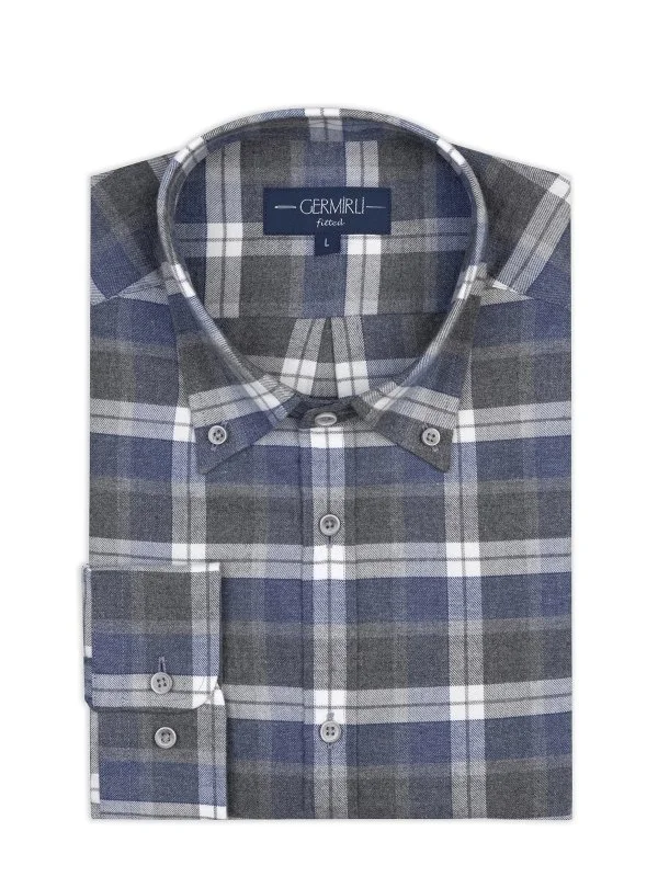 Germirli Antrasit Gri Mavi Ekoseli Flanel Düğmeli Yaka Tailor Fit Pamuk Oduncu Gömlek - 1