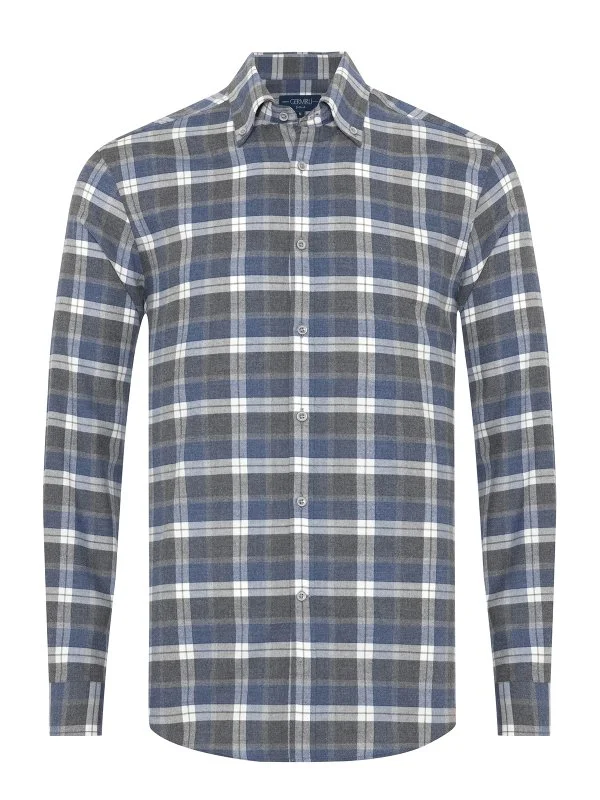 Germirli Antrasit Gri Mavi Ekoseli Flanel Düğmeli Yaka Tailor Fit Pamuk Oduncu Gömlek - 1