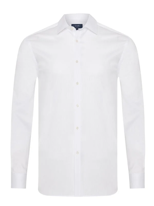 Germirli Beyaz Çizgili Vual Klasik Yaka Exclusive Tailor Fit Pamuk Gömlek - 1