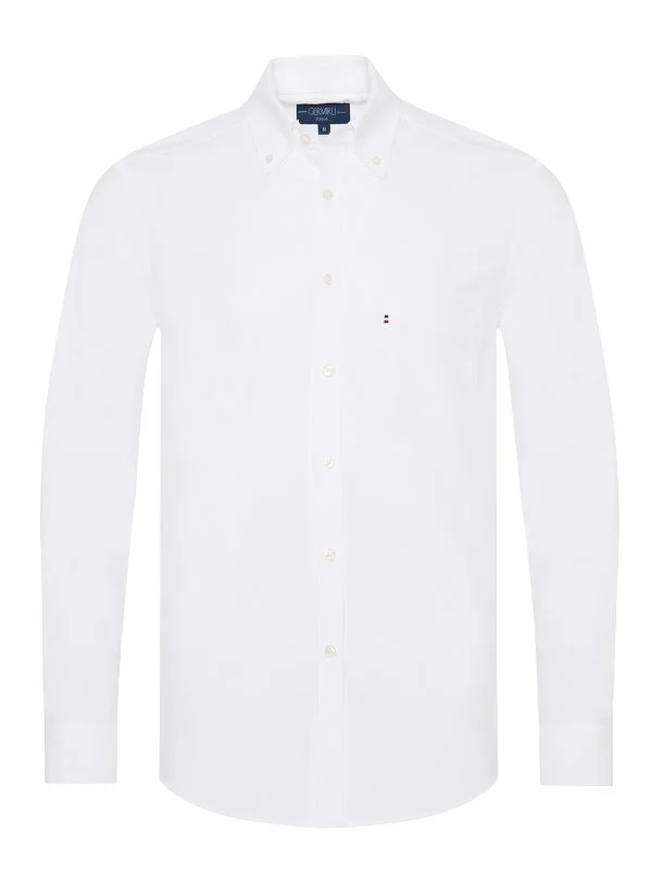 Germirli Beyaz Düğmeli Yaka Cepli Tailor Fit Spor Oxford Erkek Gömlek - 1