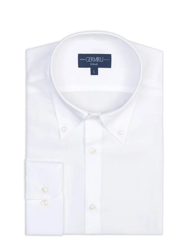Germirli Beyaz Düğmeli Yaka Tailor Fit Tencel Erkek Gömlek - 2
