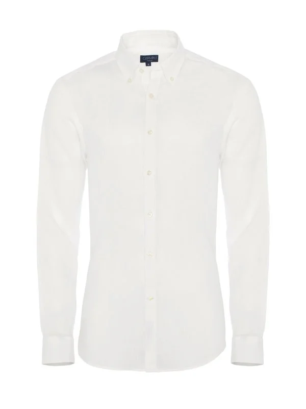 Germirli Beyaz Keten Düğmeli Yaka Tailor Fit Gömlek - 1