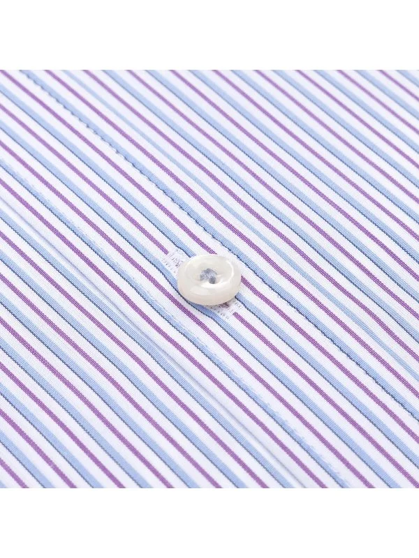 Germirli Beyaz Kırmızı Mavi İnce Çizgili Tailor Fit Rahat Kalıp Düğmeli Yaka Pamuk Exclusive Gömlek - 3