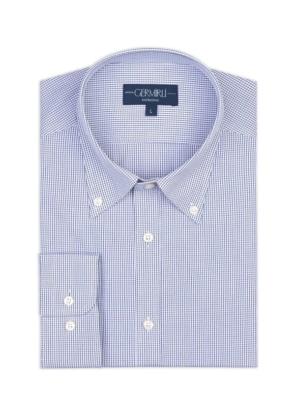 Germirli Beyaz Lacivert Mini Ekose Tailor Fit Rahat Kalıp Düğmeli Yaka Saf Pamuk Exclusive Gömlek - 2