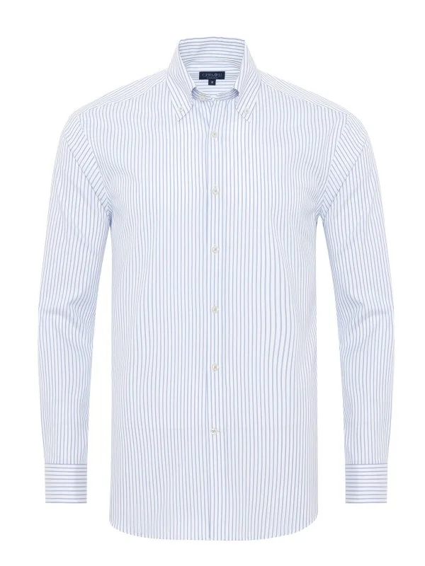 Germirli Beyaz Mavi İnce Çizgili Tailor Fit Rahat Kalıp Düğmeli Yaka Saf Pamuk Exclusive Gömlek - 1