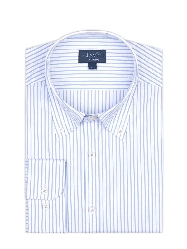 Germirli Beyaz Mavi İnce Çizgili Tailor Fit Rahat Kalıp Düğmeli Yaka Saf Pamuk Exclusive Gömlek - 2
