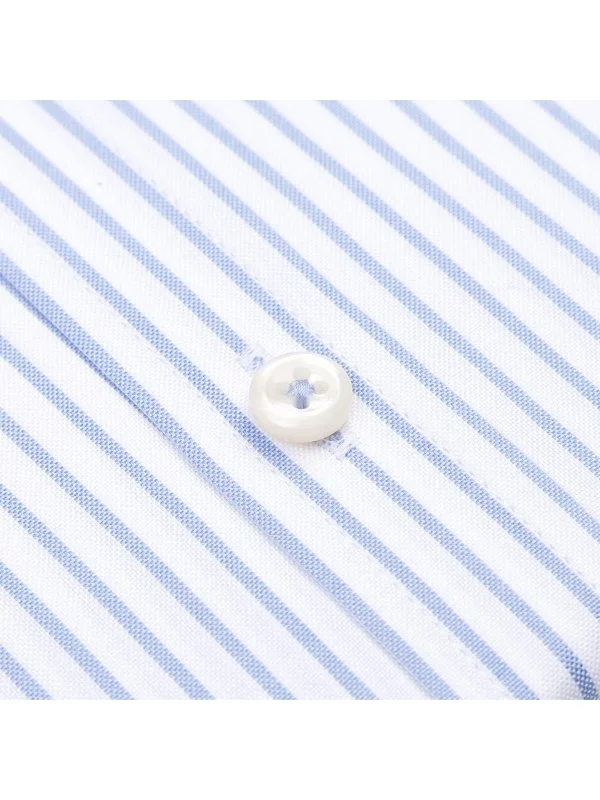 Germirli Beyaz Mavi İnce Çizgili Tailor Fit Rahat Kalıp Düğmeli Yaka Saf Pamuk Exclusive Gömlek - 3
