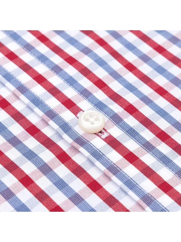 Germirli Beyaz Mavi Kırmızı Ekoseli Tailor Fit Rahat Kalıp Düğmeli Yaka Saf Pamuk Gömlek - 3