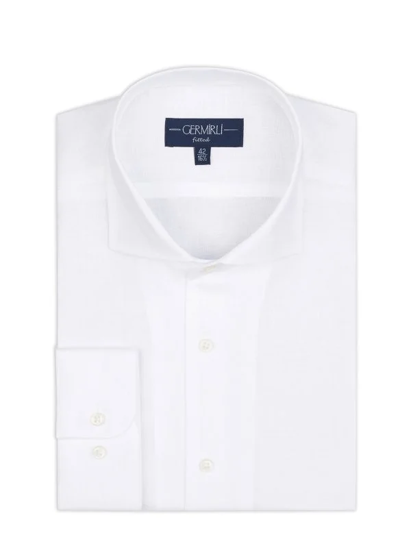 Germirli Beyaz Nevapas Lapel Yaka Keten Gömlek - 2